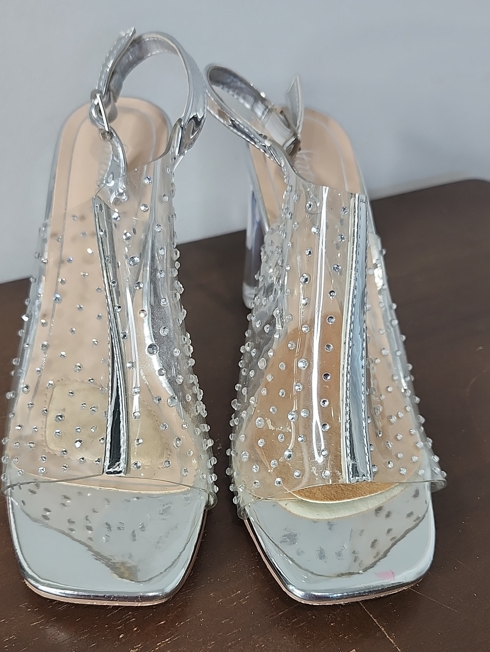 Clear Rhinestone Slingback Heels - Silver